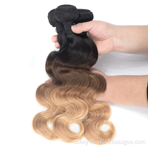 Human Hair Dubai Wholesale Market Three Tone Ombre 1B/4/27# Indian Temple Hair Blonde Hair Body Wave Bundles